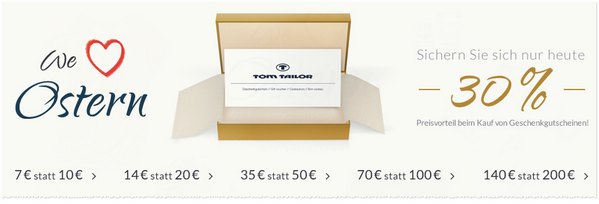 Tom Tailor Gutschein: 30% Rabatt auf Geschenkgutscheine