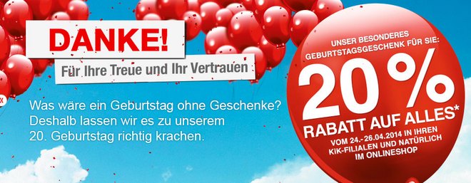 KiK Gutschein: 20% Rabatt aus der Werbung bis 26.4.2014